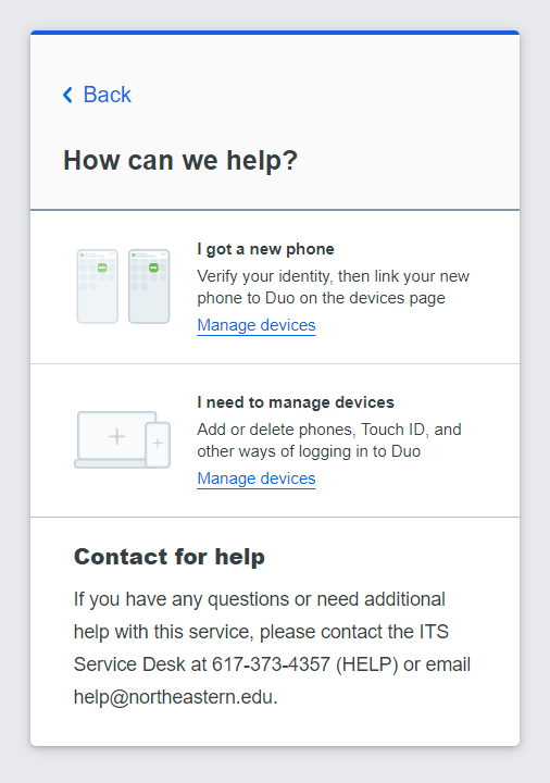 Screenshot of Duo's quick help options.